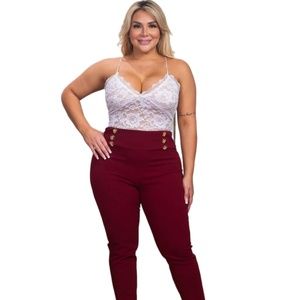 Plus Size Women High Waist Fitted Leg Pants in Wine with Royal Gold Button Decor